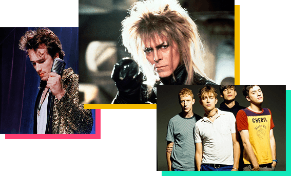 Collage dei ritratti di David Bowie, Jeff Buckley e i Blur