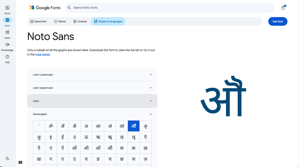 Il font Noto Sans di Google Fonts comprende moltissimi glifi, compresi i caratteri usati in sanscrito e hindi.