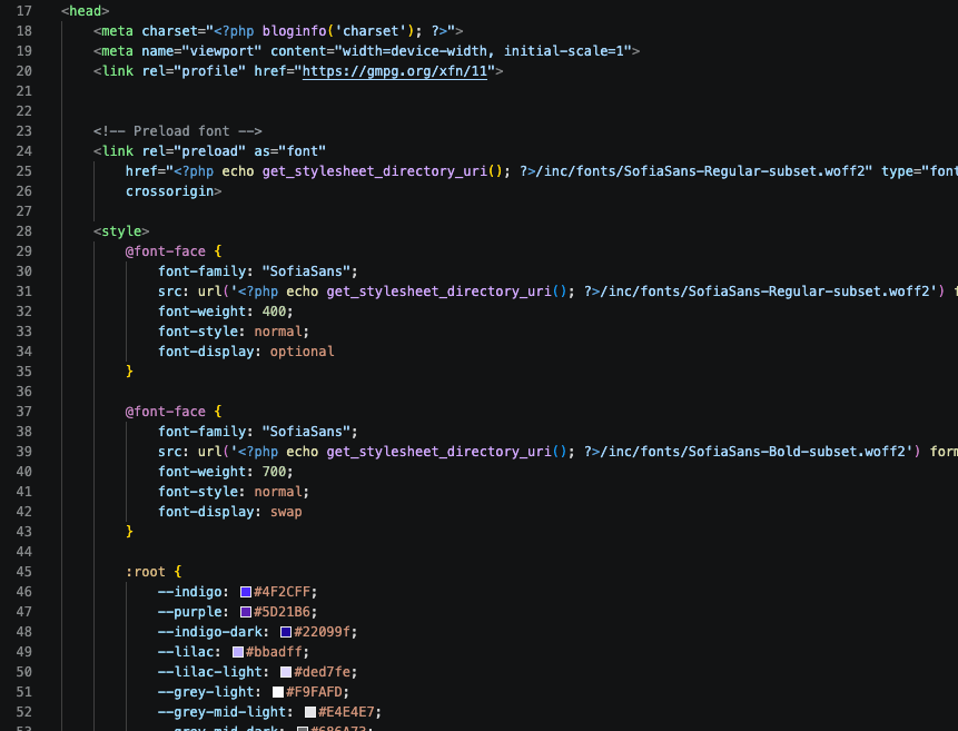 Il CSS critico va scritto in linea nel tag <head> e contiene variabili CSS, regole @font-face e stili necessari per la sezione above-the-fold