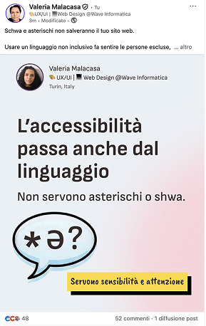 Post LinkedIn di Valeria Malacasa che spiega come usare un linguaggio inclusivo nei siti web