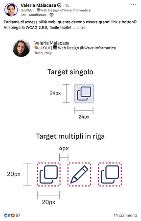 Post LinkedIn di Valeria Malacasa che spiega la WCAG 2.5.8 relativa alle dimensioni minime del target