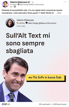 Post LinkedIn di Valeria Malacasa che spiega come usare l'alt text
