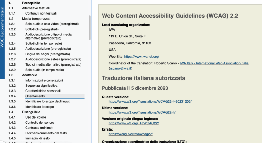 Sommario delle WCAG 2.2, le prime linee guida hanno nomenclatura 1.1.1, 1.1.2 e così via.