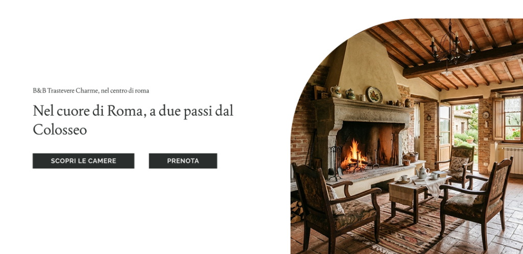 Hero section con titoli e bottoni sulla sinistra e la foto degli interni del bed and breakfast sulla destra. L'alt text è utile a descrivere l'ambiente.