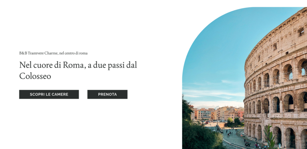 Hero section con titoli e bottoni sulla sinistra e una foto del Colosseo sulla destra, l'alt text sarebbe ridondante
