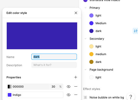 Negli styles di Figma creo gli stili Primary medium, primary light e primary dark. Il primary dark usa sia la variabile Indigo che un colore nero opacità al 30% sopra la variabile.