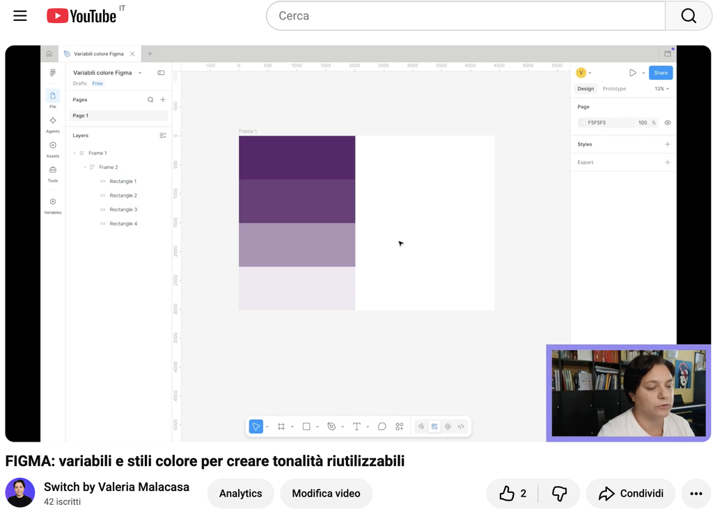 Frame del video su YouTube in cui Valeria spiega come creare le tonalità di una variabile colore.